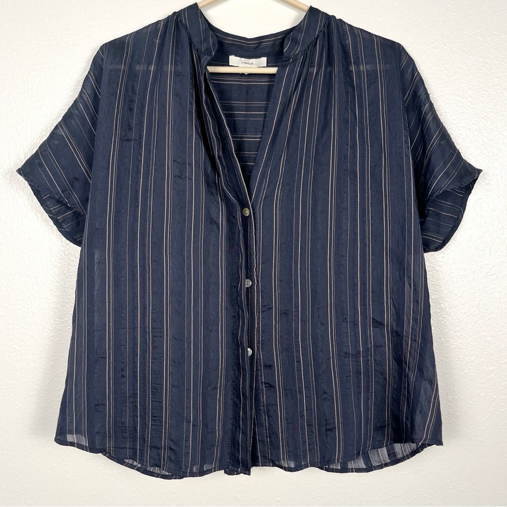 Vince Women's XS Navy Blue Striped Drapey Short Sleeve Shirred Top - Picture 2 of 6